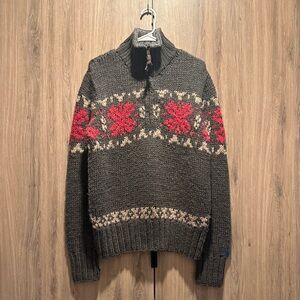 Vintage American Eagle Gray/Red Wool Fair Isle Quarter Zip Sweater Size M